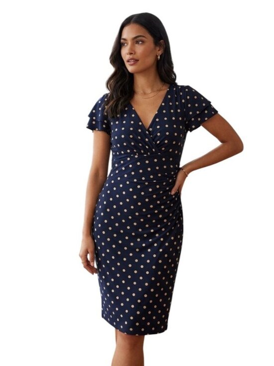 Dresses & Skirts - Lauren Ralph Faux Wrap Dress Size 8 Navy Blue & Tan Polka Dot Flutter Sleeves